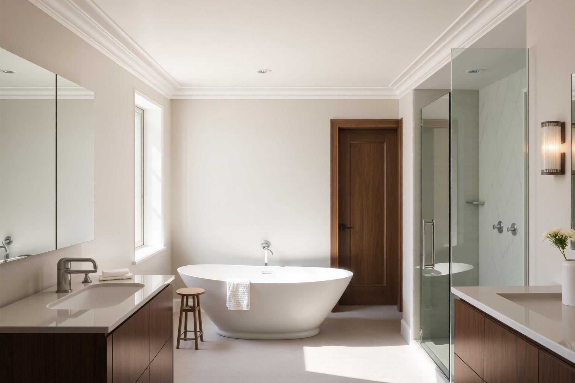 Newly remodeled modern bathroom with freestanding tub and walk-in shower